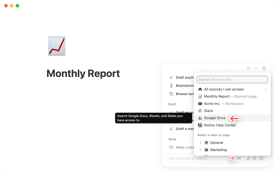 Pilih Google Drive dari pemilih sumber Notion AI untuk mempersempit ruang lingkup pencarian Anda.