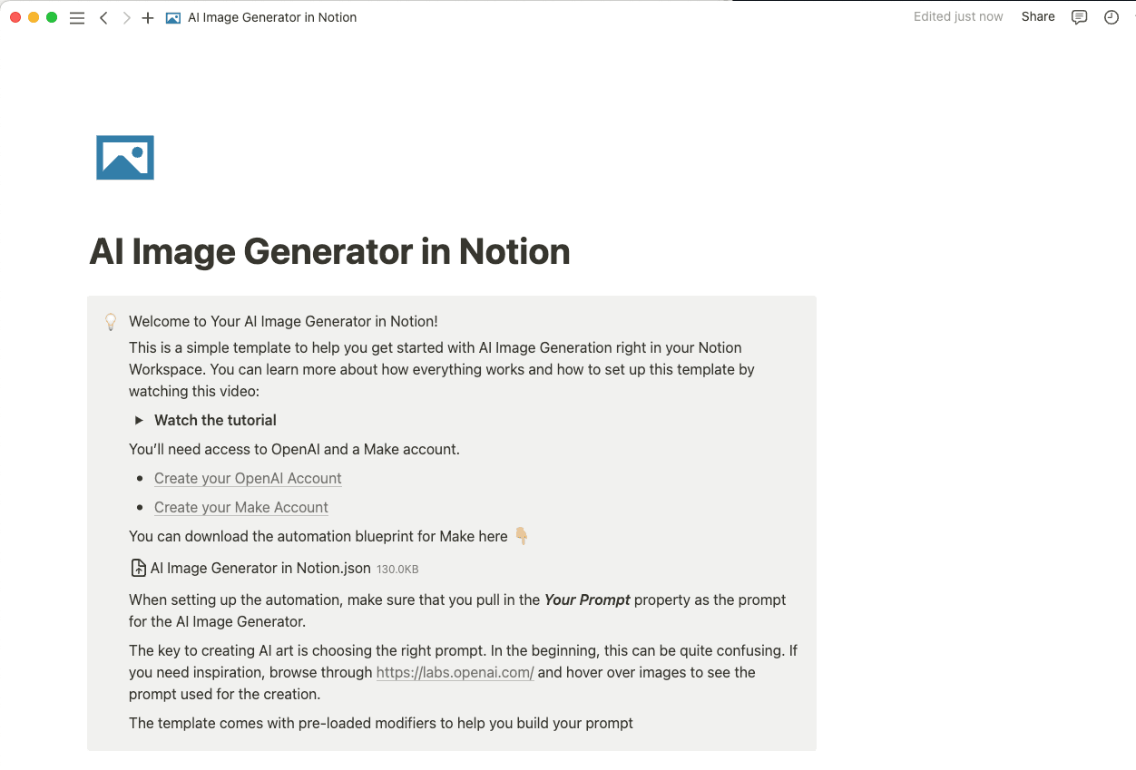 Generador de imágenes con la IA en plantilla Notion