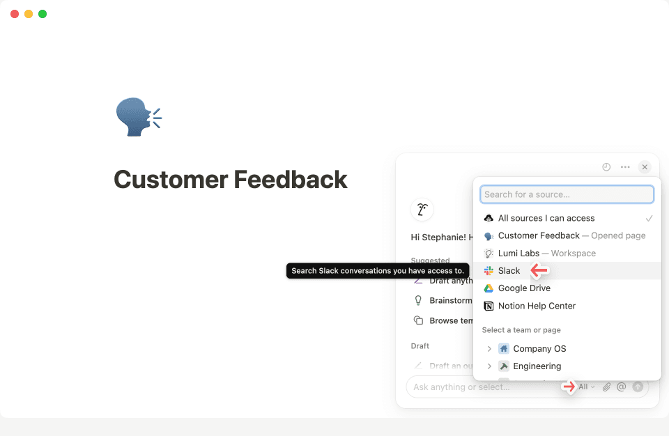 Haz clic en el menú de tres puntos en la esquina superior derecha del chat de la IA de Notion para conectar Slack.