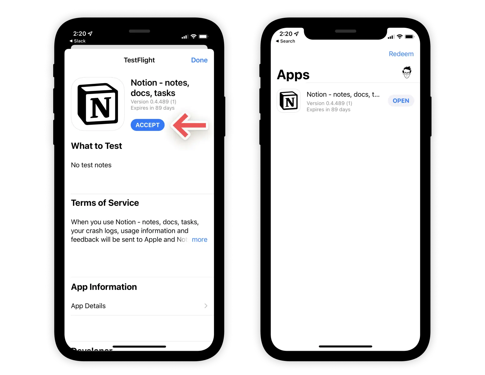 Capturas de pantalla de cómo se usa TestFlight para registrarse en la versión beta de Notion para iOS.