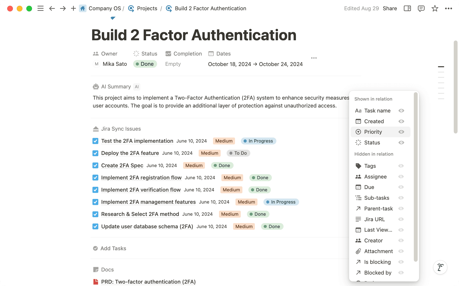 Haz clic en el ícono de tres puntos cerca de "Problemas de sincronización de Jira" para personalizar la visualización de tus propiedades