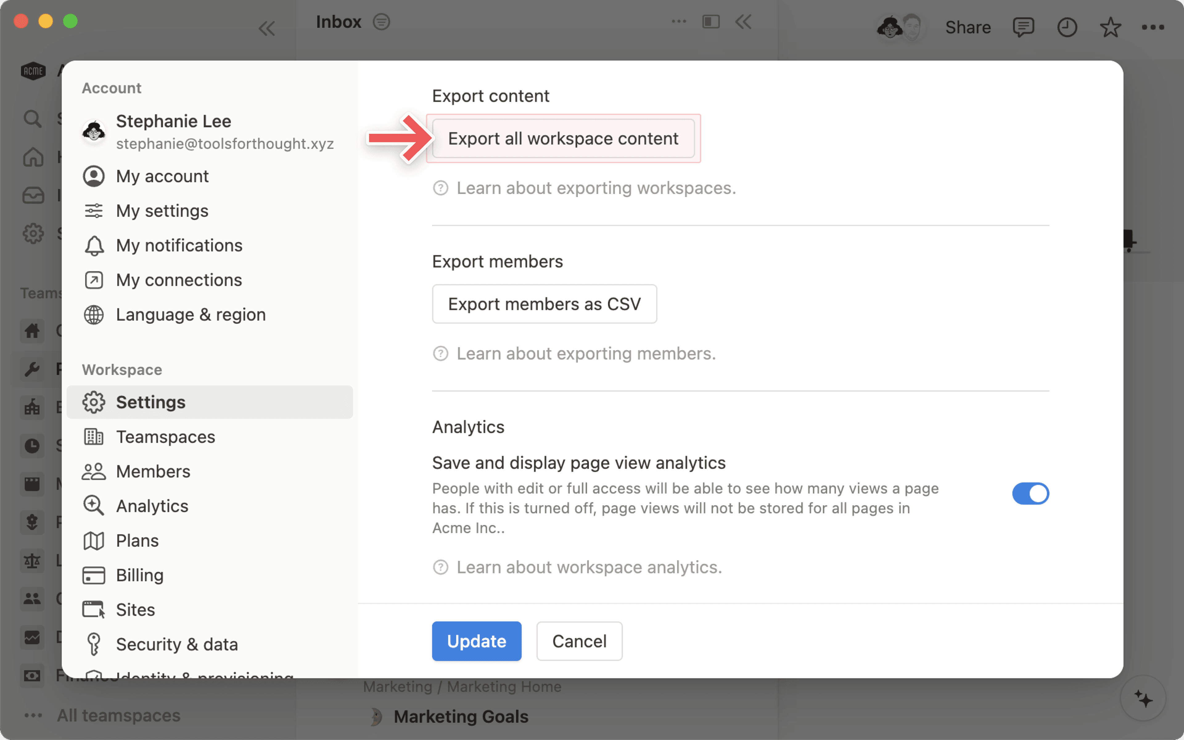 Configuración del espacio de trabajo - exportar el espacio de trabajo completo