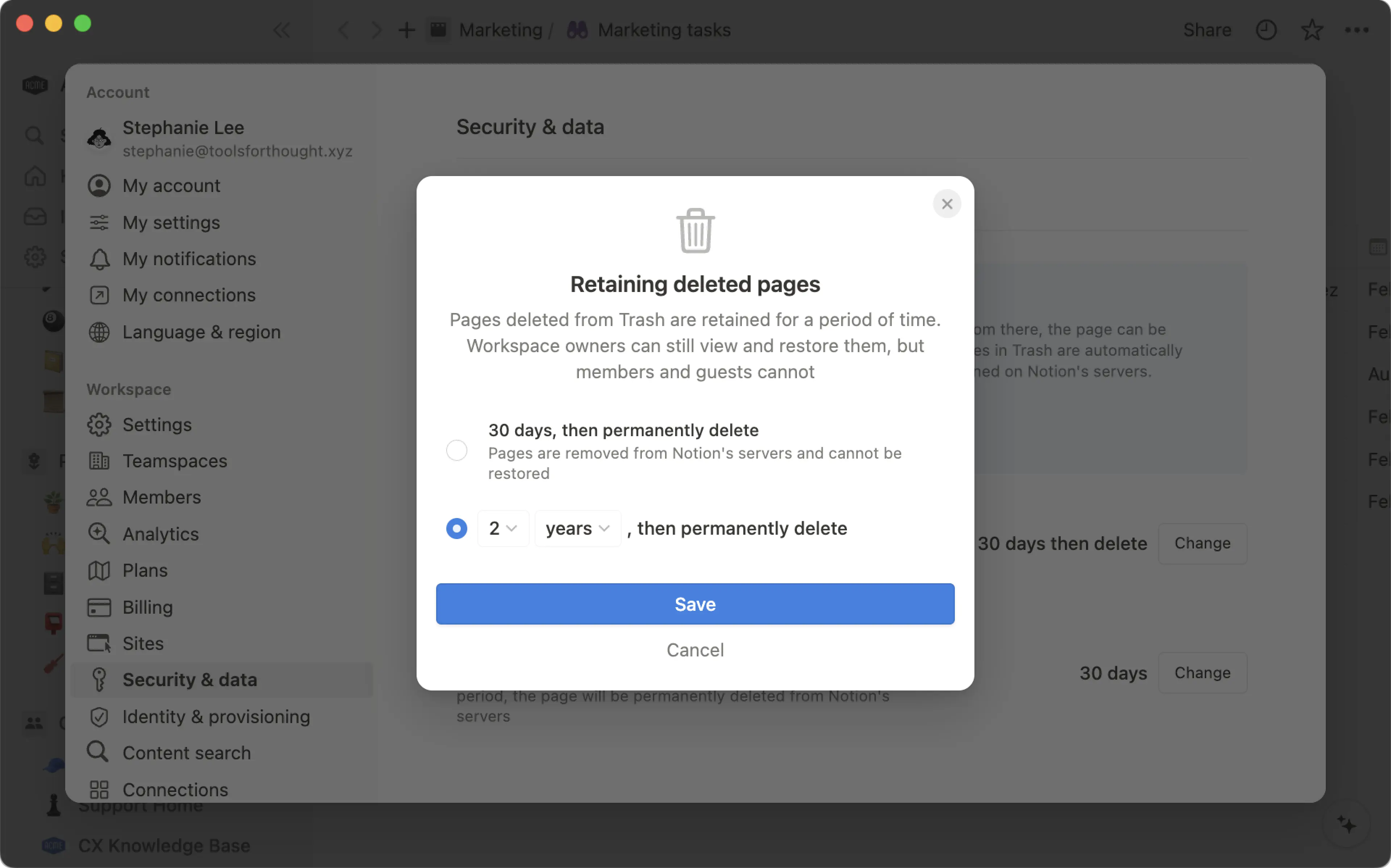 ca: página de configuración de conservación de datos personalizada