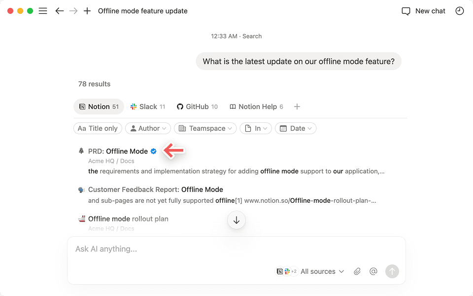 Verás una marca de verificación azul junto al contenido que Notion marcó como "Verificado".