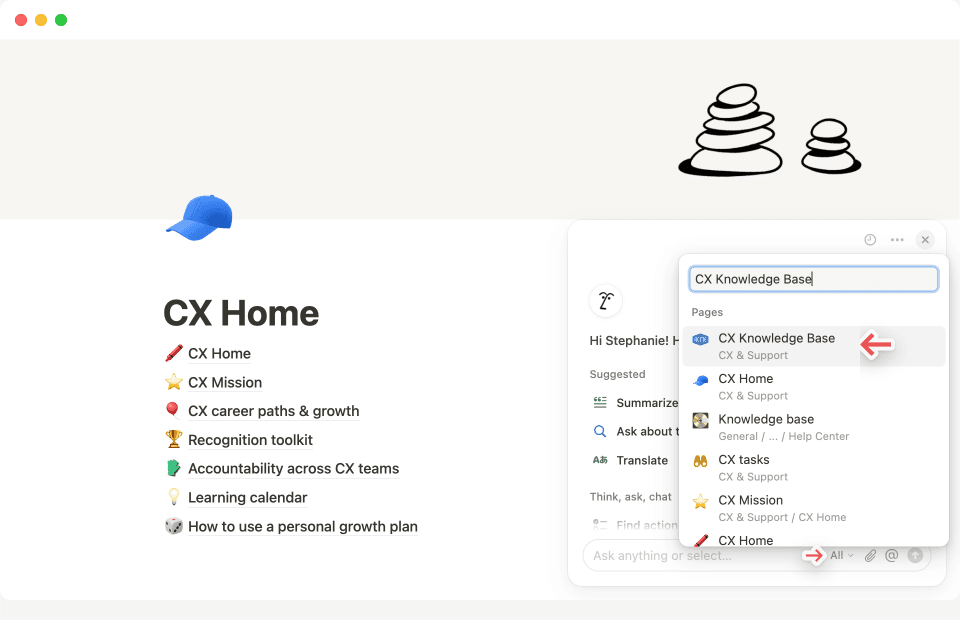 Pilih halaman atau sumber yang ingin Anda analisis dengan Notion AI untuk jawaban tertentu.