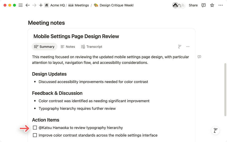 Notion AI secara otomatis menandai orang yang tepat di tab ringkasan saat Anda menandai orang tersebut di catatan Anda.