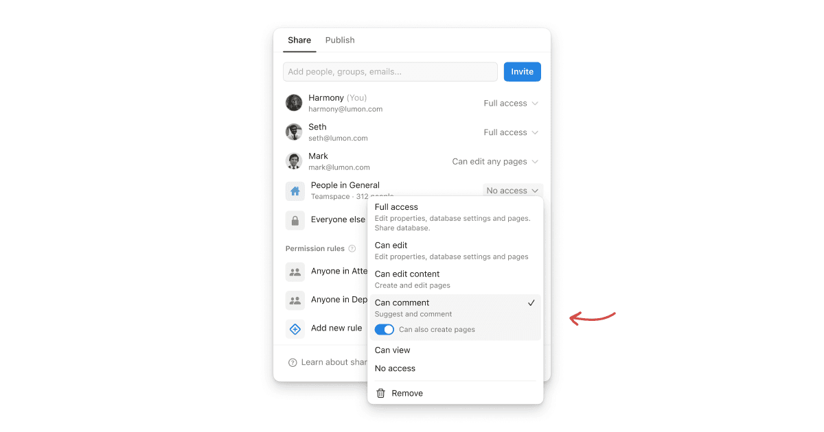 Nuevo permiso “puede crear páginas” para bases de datos