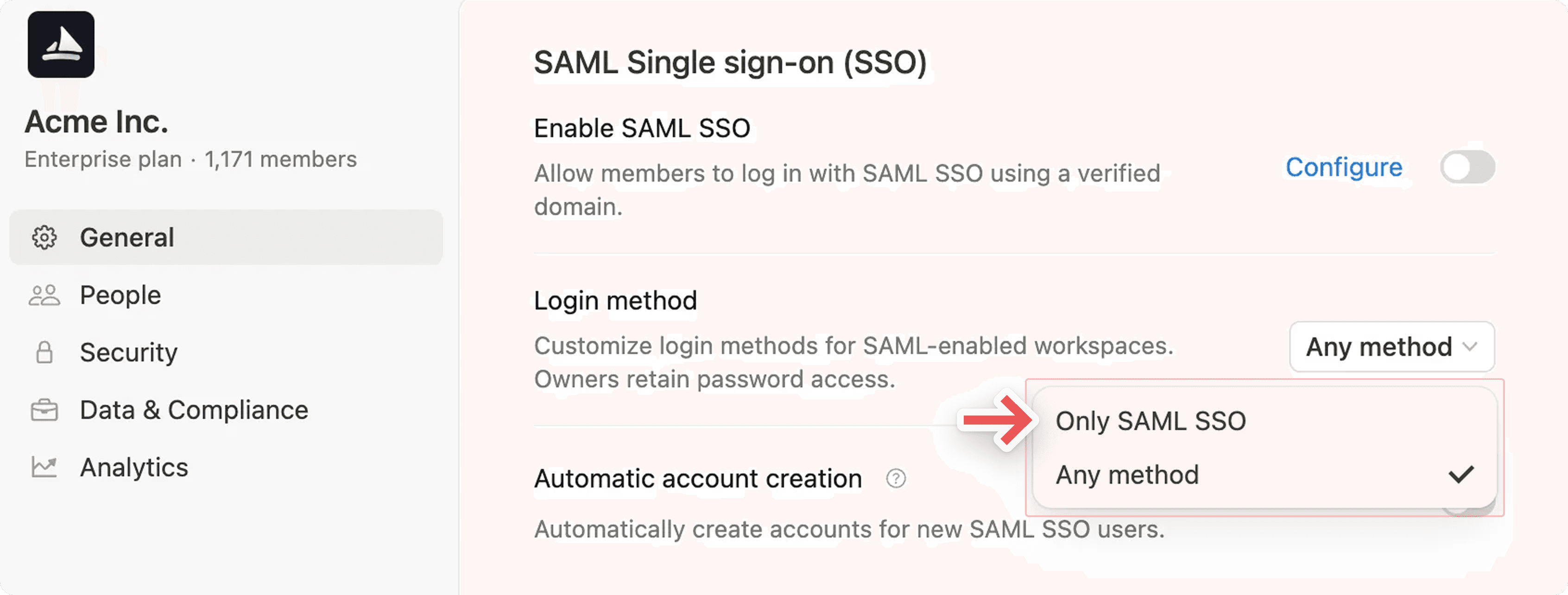 ca: consola de la organización de cumplimiento de sso de saml