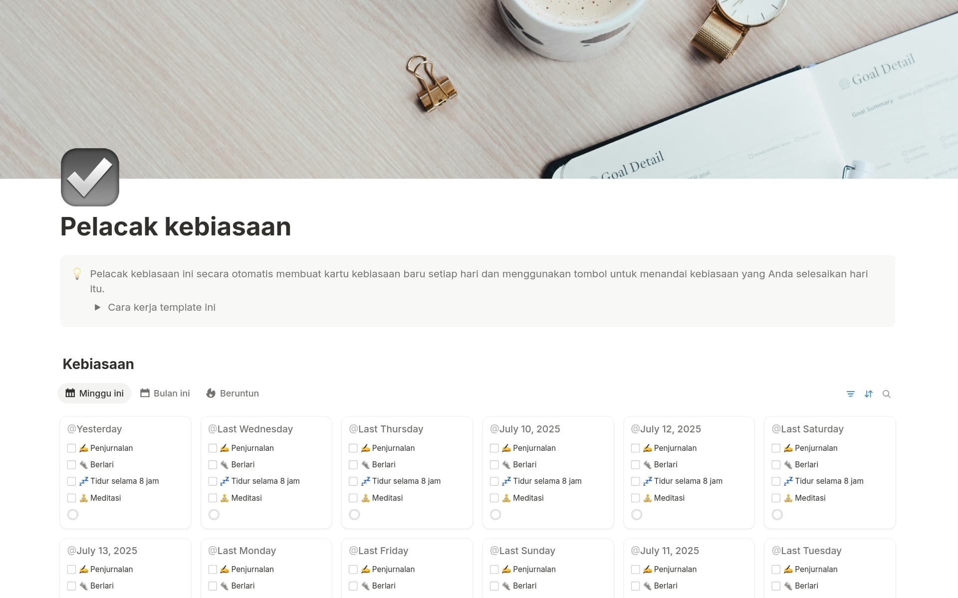 Pratinjau templat untuk Pelacak kebiasaan