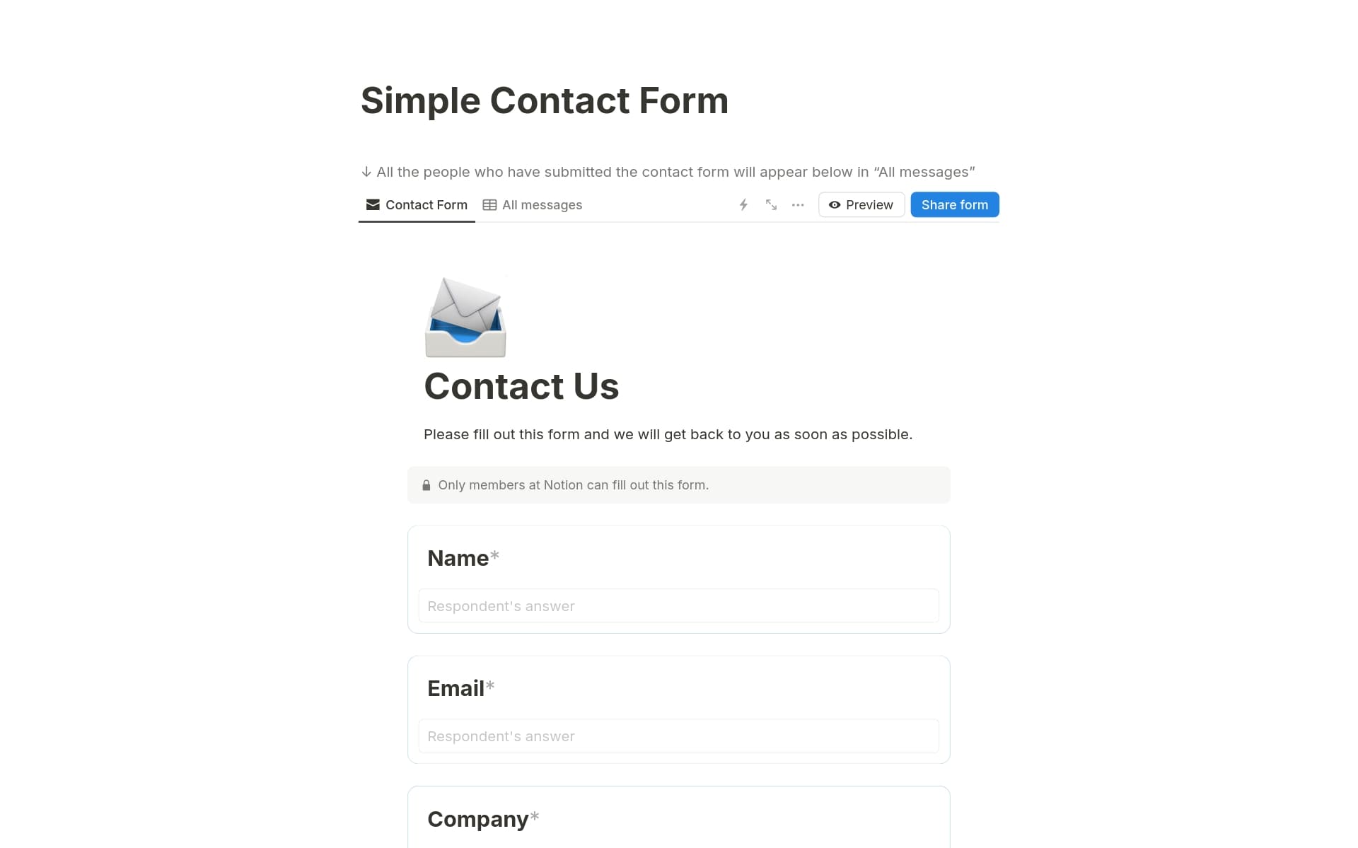 Pratinjau templat untuk Simple contact form
